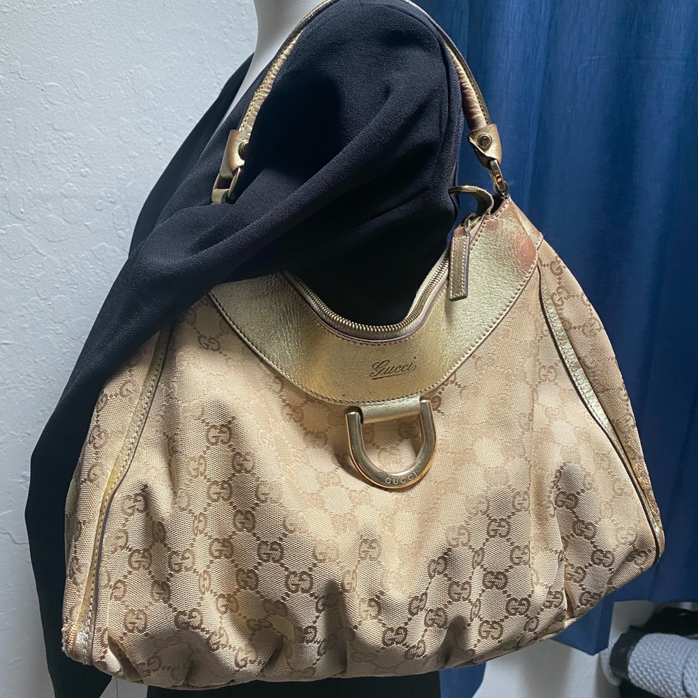 Gucci Hobo Large D Ring In Beige/Gold Monogram Canvas Shoulder Bag